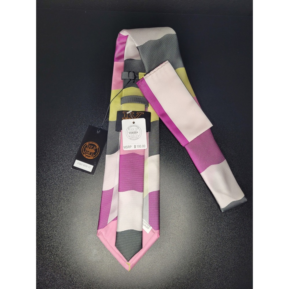 Verse 9 Tie Pocket Square Set Pink Multicolor Wavy Stripe Silk NWT - Picture 3 of 4